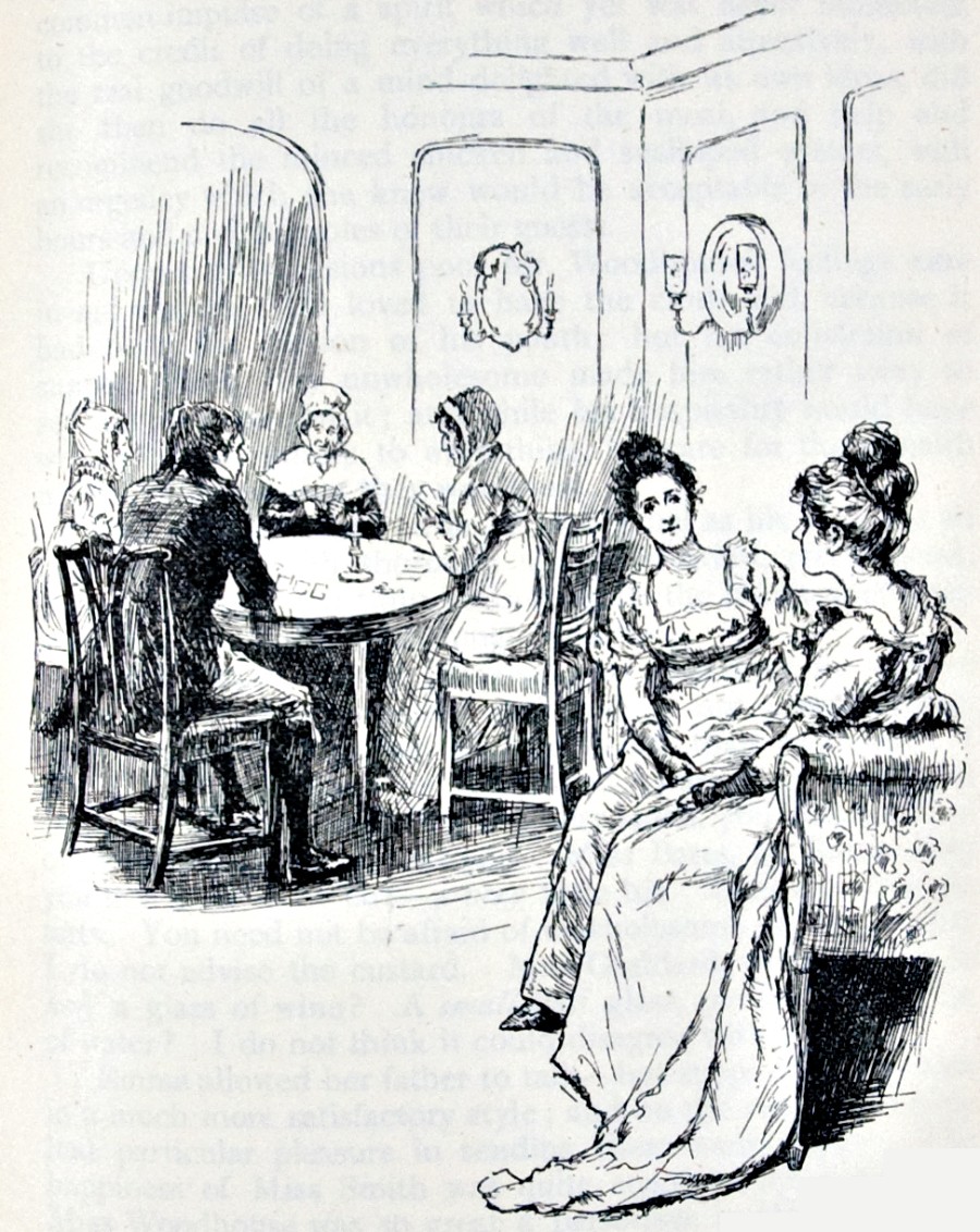 An illustration from Jane Austen's Emma, showing two young ladies on a sofa observing their older friends playing at cards