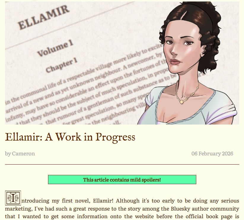 A screenshot of a website article entitled "Ellamir: A Work in Progress" showing the spoiler bar in action