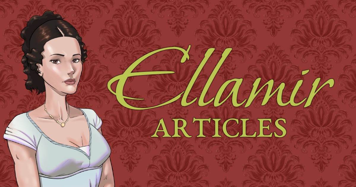An illustration of a woman wearing Regency dress beside the words "Ellamir Articles"