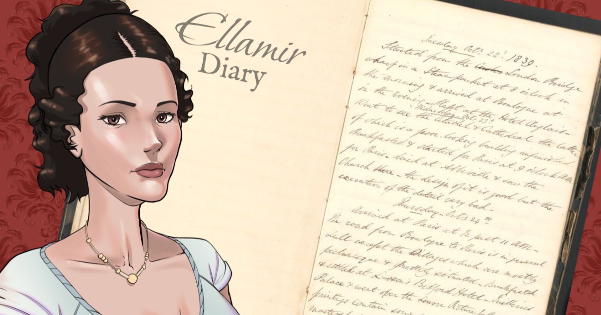 An illustration of Ellamir Oakhall, a young woman in Regency clothing with her dark hair in period style, in front of a page of writing titled "Ellamir Diary"
