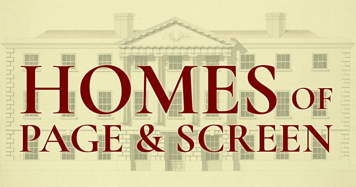 An architectural drawing of the elevation of a Palladian stately home, behind the words "Homes of Page & Screen"